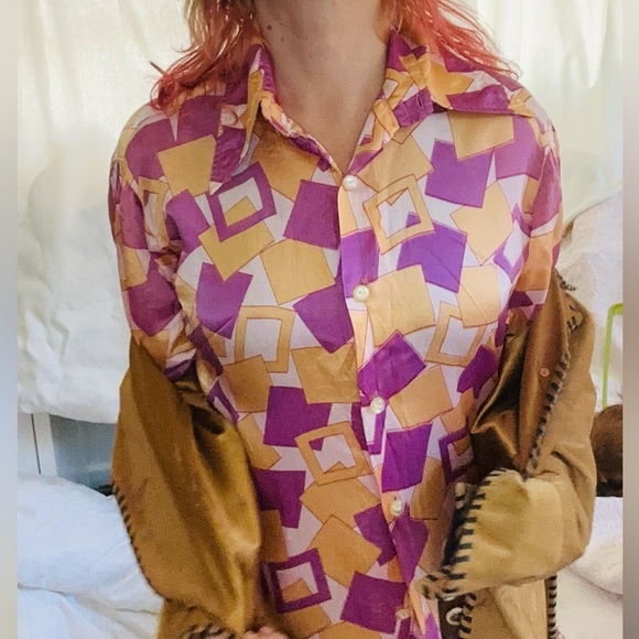 Vintage Silk Disco Shirt w/ balloon sleeves / pointy collar (Unisex) - Picture 3 of 7